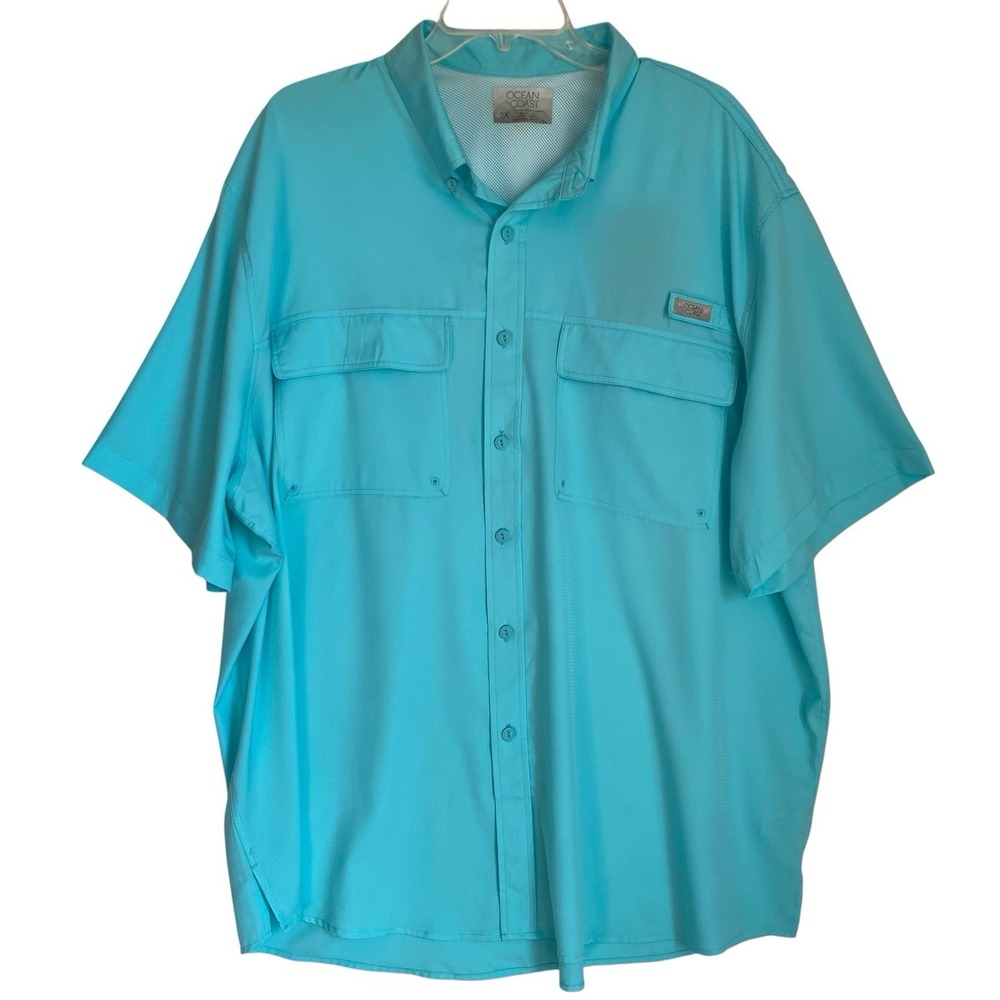 Ocean & Coast Fishing Shirt 2X Aqua Blue Short Sleeve Casual Button-Down